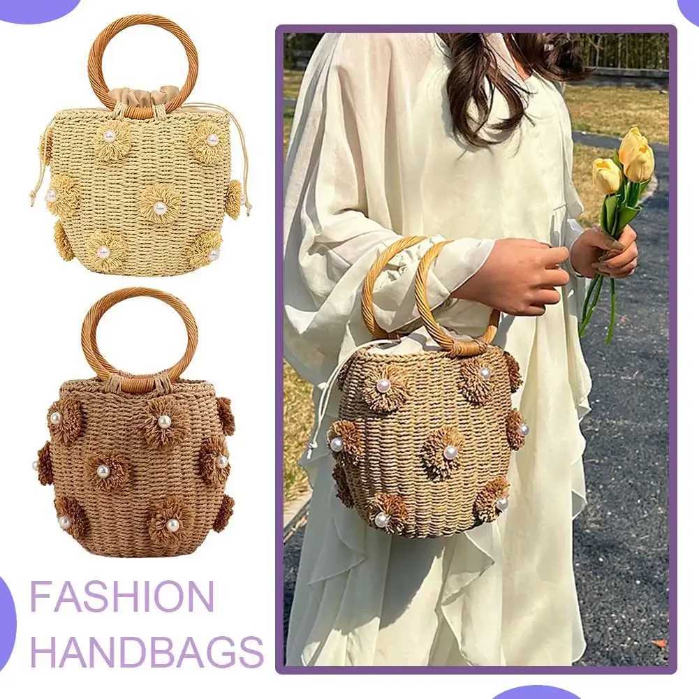 Women Straw Tote Handbag with Pearls Handmade Woven Bag Drawstring Wrist Purse Summer Holiday Beach Bag W250524