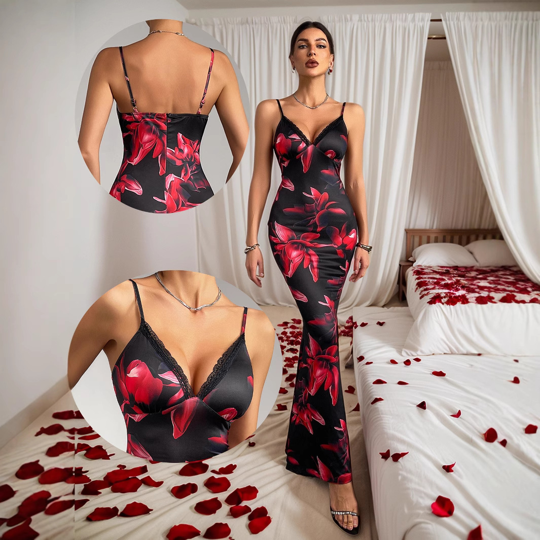 2025 summer new personalized and elegant design with printed V-neck exposed chest suspender hip hugging long skirt dress