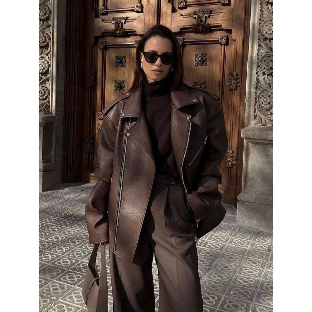 Vintage Pu Leather For Women Turn-down Collar Loose Jackets Zippers Motorcycle Female Coats 2024 Autumn New Lady Outerwears