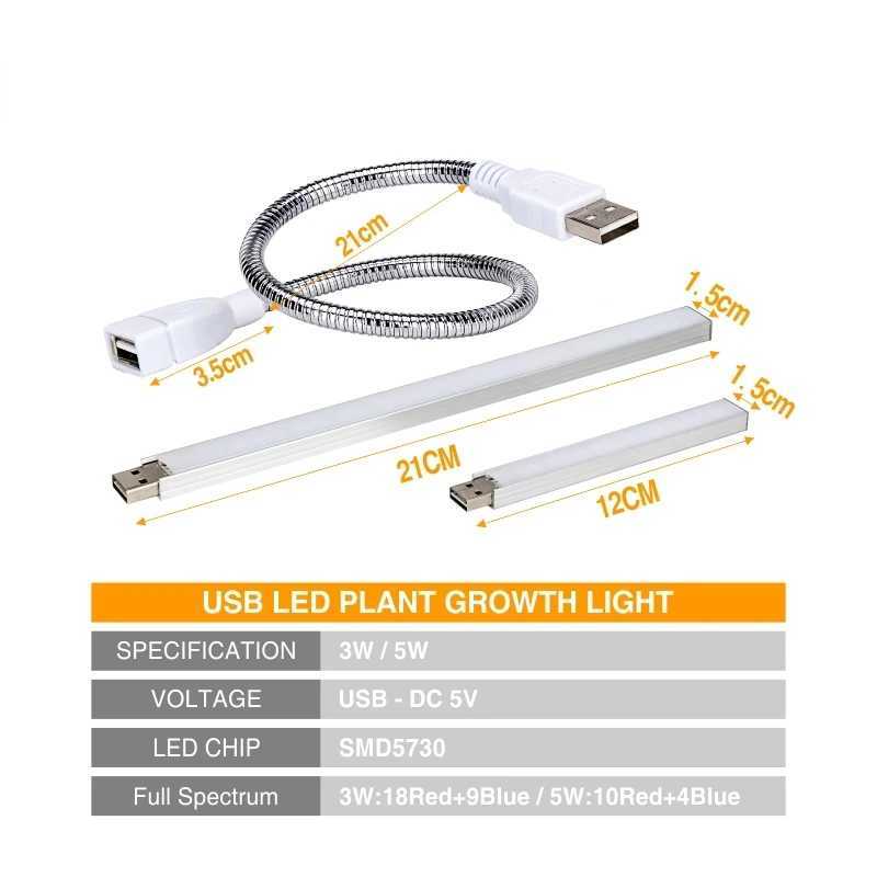 USB 5V LED Grow Light Full Spectrum with Flexible Hose Plant Growth Lamp Seedling Greenhouse Hydroponic Growing LightXJ250526