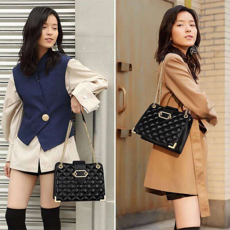 FOXER Women Leather Quilted Shoulder Handbag Lady Black Classic Chain Bag Girl Chrismas Valentine's Day Gift