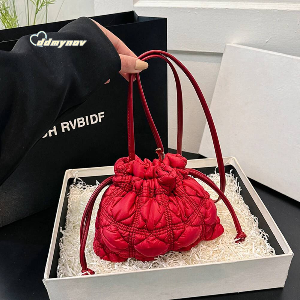 Women Drawstring Shoulder Bags Detachable Strap Quilted Crossbody Bag Solid Color Soft Padding Handbag for Outdoor Travel ddmynov