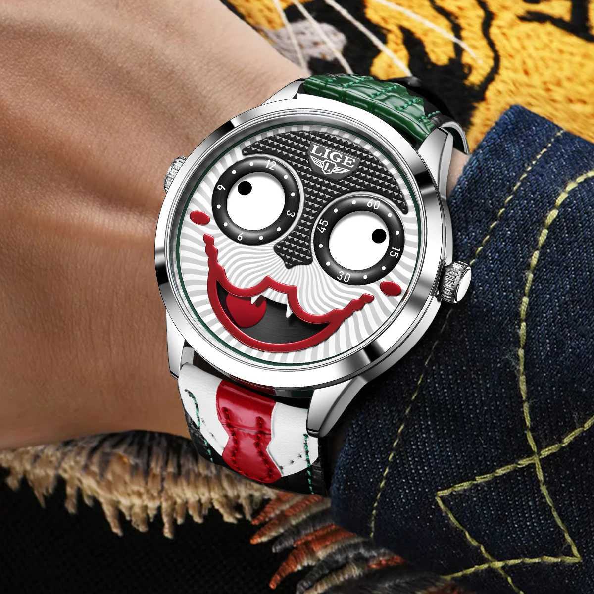 LIGE Cool Joker Watch Men Classic Mens Clown Watches Fashion Leather Strap Waterproof Quartz Wristwatches For Men Reloj Hombre M250526
