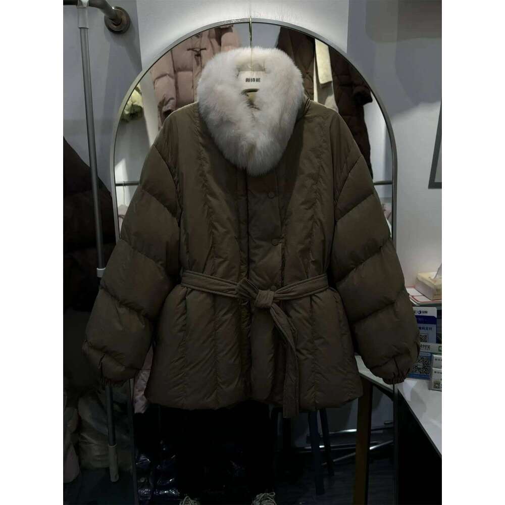 2024 New Solid Color Jacket Women's Korean Version Scarf Fur Collar Thickened White Duck Down Winter Coat Strap Waist