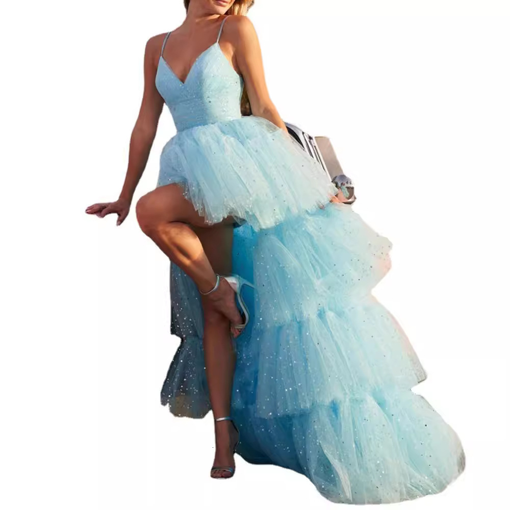 Sexy Strap Wedding Dress Blue Long Tail High Waist Tail Wedding Bridesmaid Dress