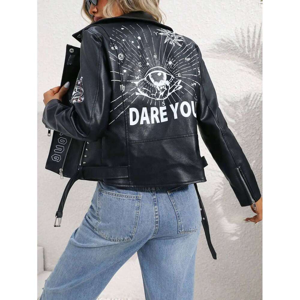 Coats Designer Women Fitaylor Women Faux PU Jacket Casual Lady Lapel Zipper Graffiti Print Leather Coat Moto Bike Rivet Outwear Designer