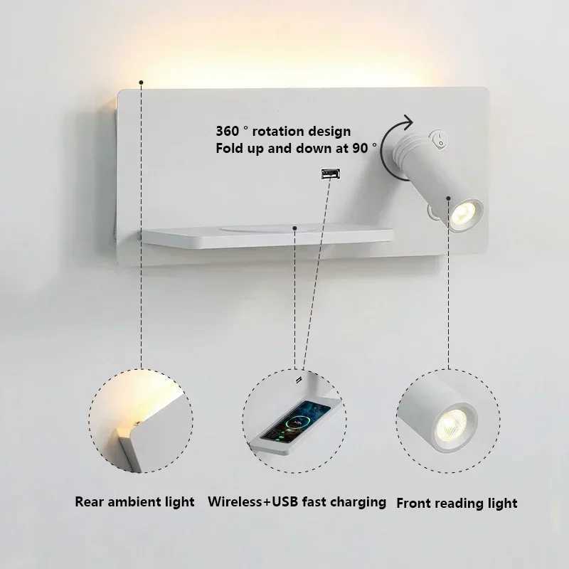 LED Wall Lamp Reading Light Bedroom Phone Wireless Charging USB Charging Rotatable Wall Rotatable Lights Living Room Beside LampXJ250526