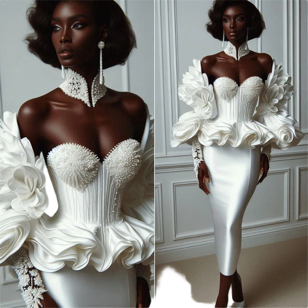 Gorgeous Aso Ebi Wedding Dress 2025 Sweetheart Beaded Ruffles Bridal Dress Tea Length African Boho Bride Dress Celtic Peplumn Short Garden Vestio De N