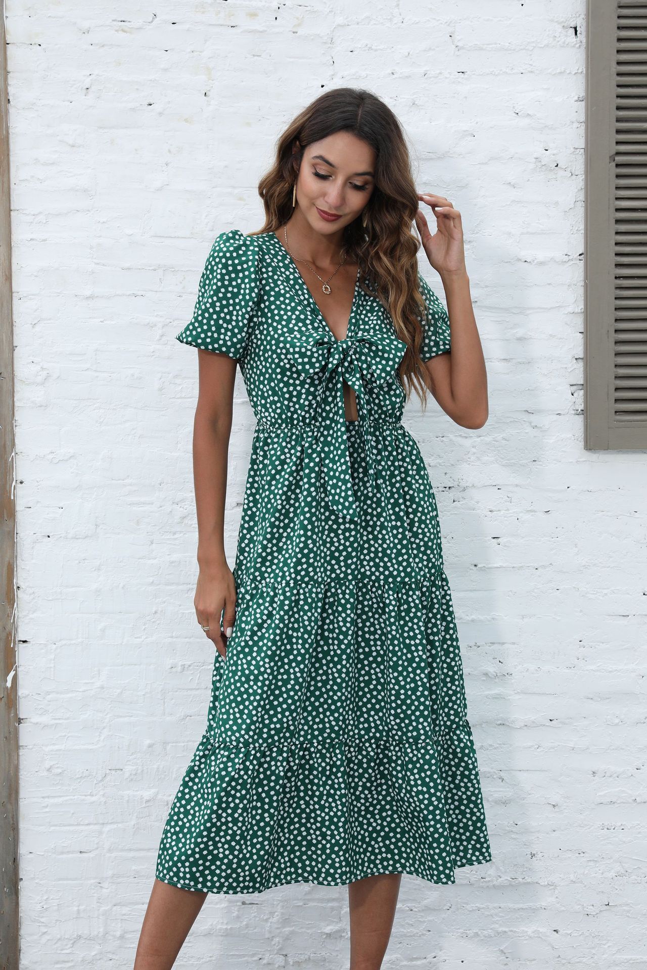 Spring and Summer New Womens V-neck Short Sleeve Dress Polka Dot Casual Mid length Dress