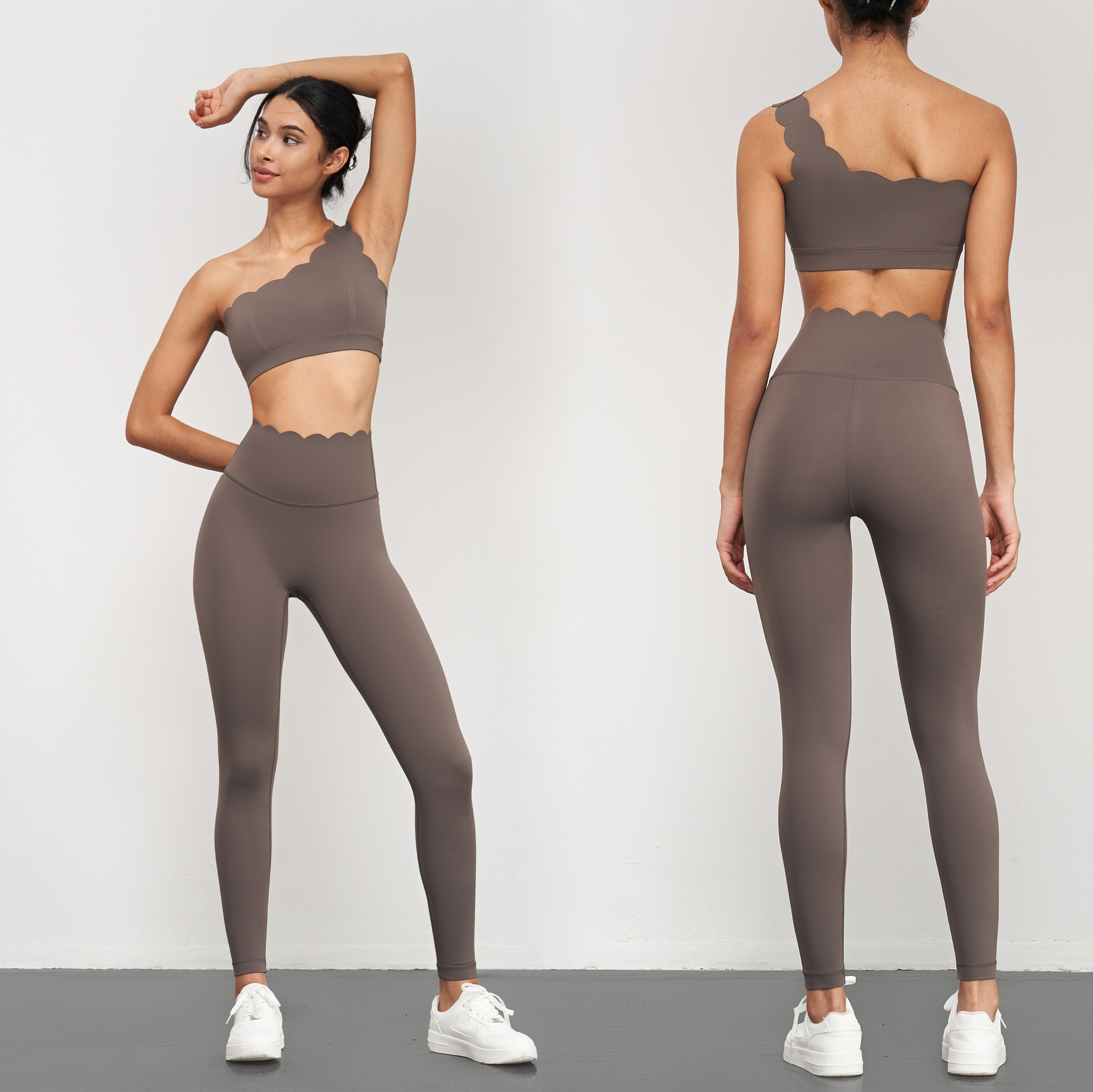 JJ-ADWX1562 Shockproof Push up Yoga Crop Top Helena Scalloped One Shoulder Sports Bra With Removable Bra Pads