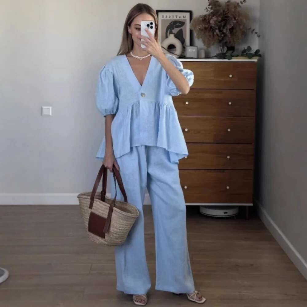 Elegant Solid New 2 Piece Sets Fashion Women Sexy V-Neck Short Sleeve Button Vests Tops Wide Leg Pants Suit Casual Streetwear