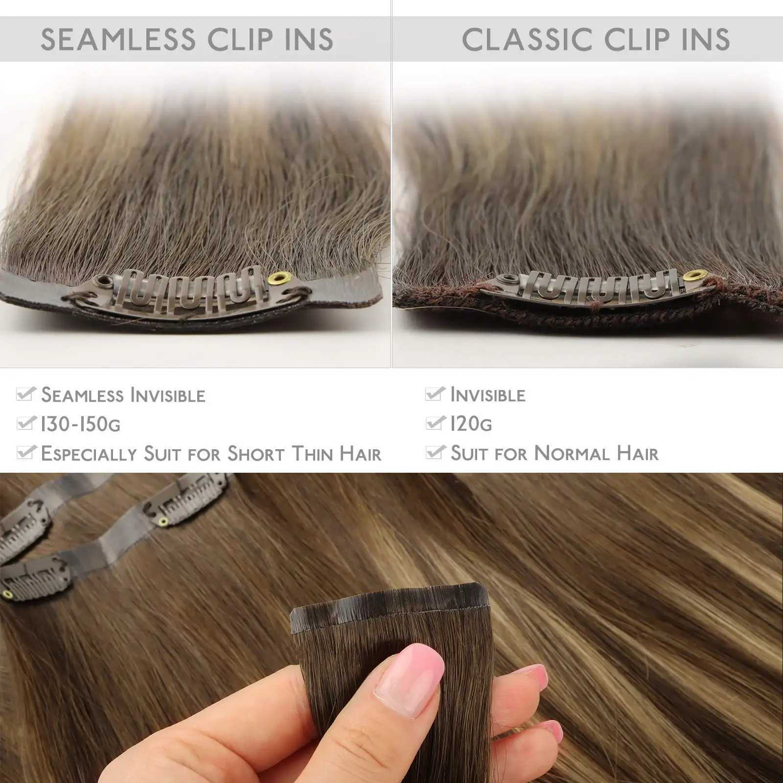 Seamless PU Clip Hair Extensions Human Hair Invisible Balayage Ombre Blonde Color Skin Weft Remy Hair Extensions 150G With Clip S25526