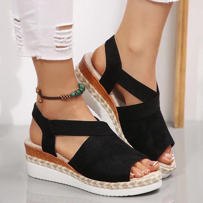 Comfortable Elastic Band Wedges Sandals Women 2025 Plus Size 36-43 Platform Rome Sandles Woman Lightweight Summer Beach Shoes 250519