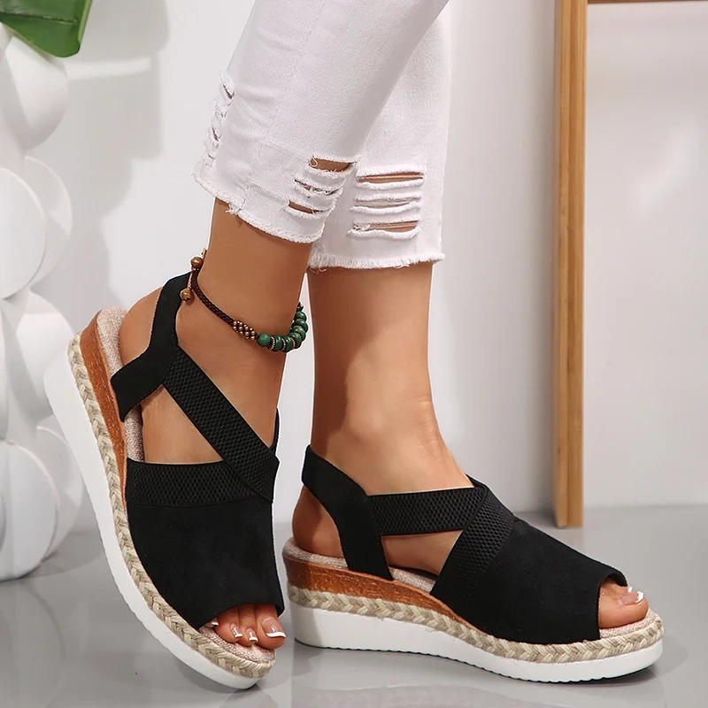 Comfortable Elastic Band Wedges Sandals Women 2025 Plus Size 36-43 Platform Rome Sandles Woman Lightweight Summer Beach Shoes 250519