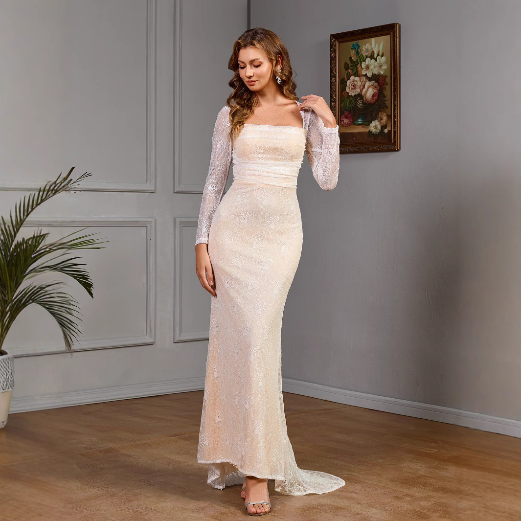New sexy lace long sleeved slim fit wedding dress with hip wrap