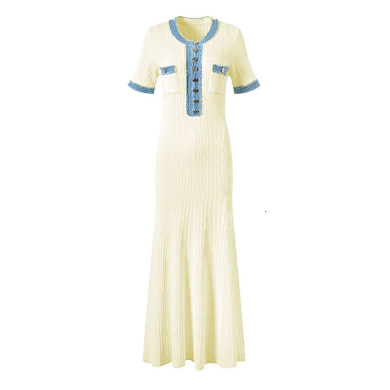 Backless Sexy Dress Brand French Robe Casual Knitted For Women Elegant V Neck Waist Cinching Denim Ribbed Long Dress Sexy Flowy Dresses