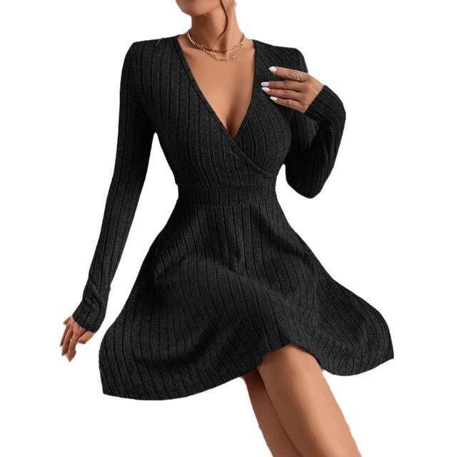 Tight Cut Out Dresses New Solid Color V Neck For Women Sexy Waist Cinching Long Sleeve Short Dress Slimming Versatile Dress Sexy Dress
