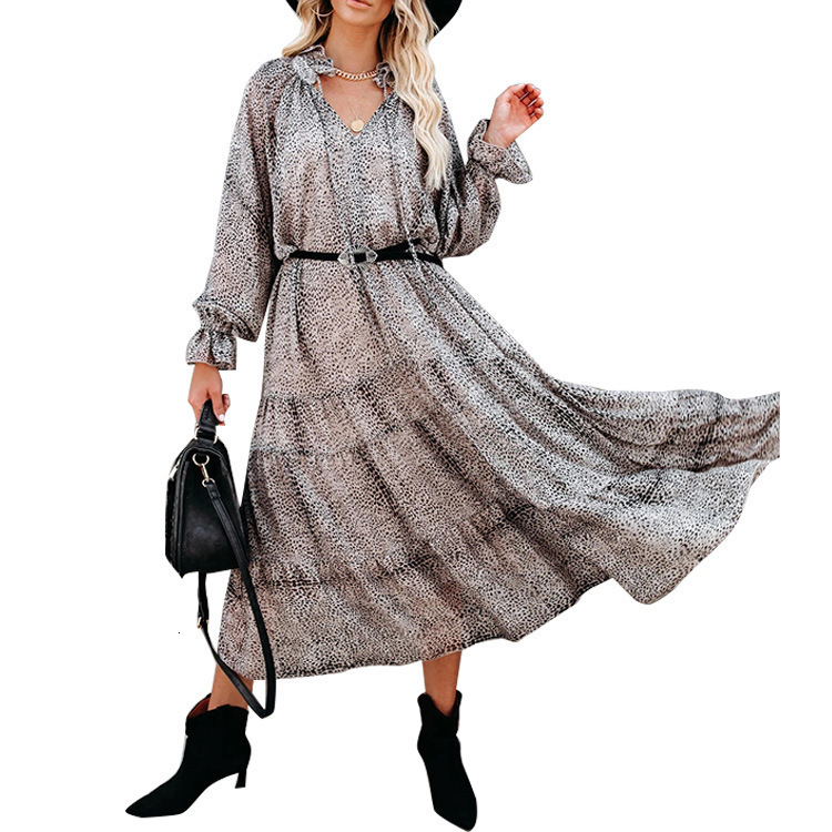 New Womens Wear New Product V-Neck Long Sleeve Dress Loose Dotted Midlength Dress