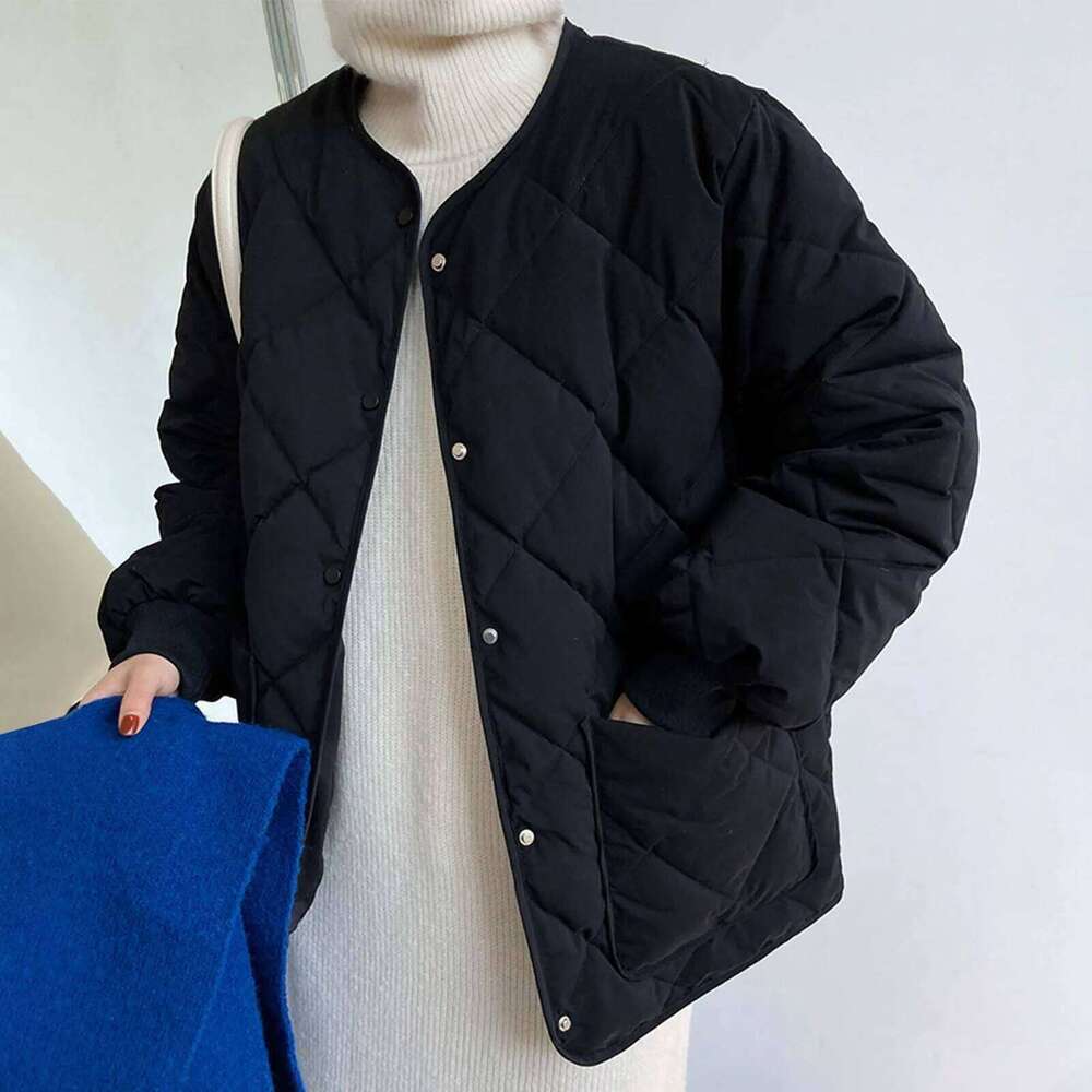 Winter Coat Female Women's Cotton Padded Jacket With Dia Check And Collarless Pocket Abrigos Invierno Mujer 2024