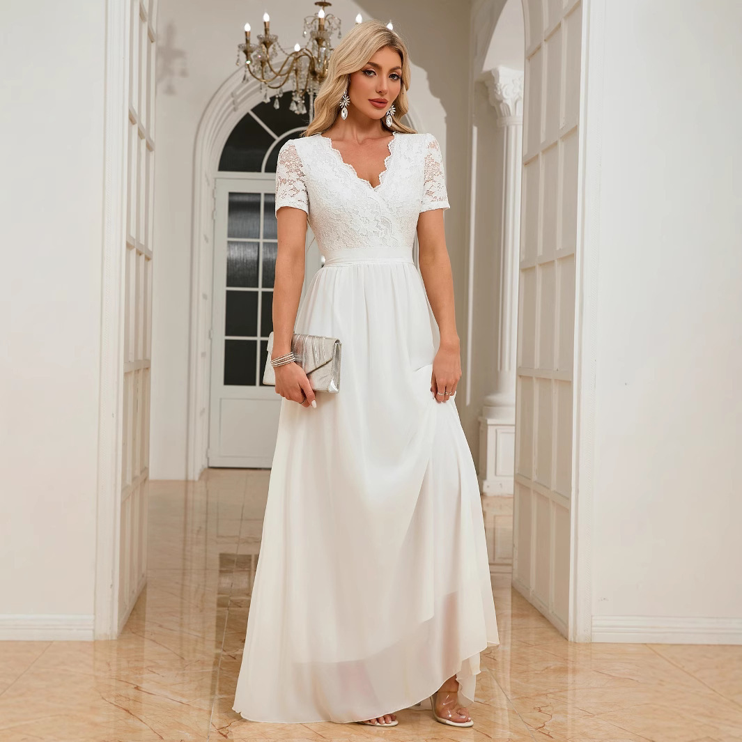 2025 lace edge splicing chiffon waist cinched long V-neck dress for wedding and evening dresses