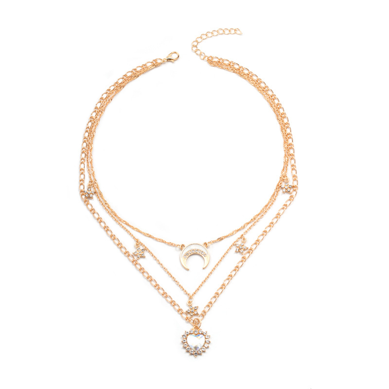 New Alloy Jewelry Fashionable Individual Heart Moon Crystal Multi Layer Necklace for Women Elegant and Versatile for Socialite Street Snaps