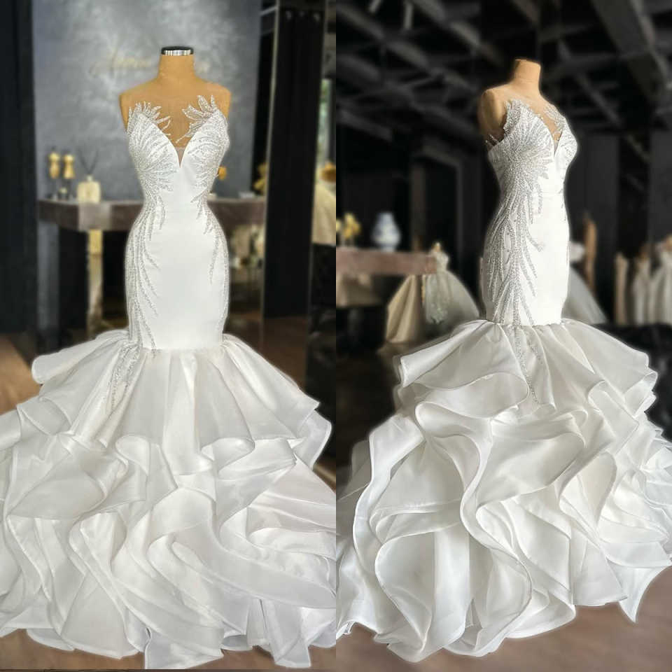 White Wedding Dresses Mermaid Luxury Bridal Gowns With 3D Floral Crystals Long Customized Plus Size Formal Special Occasion vestido de novia