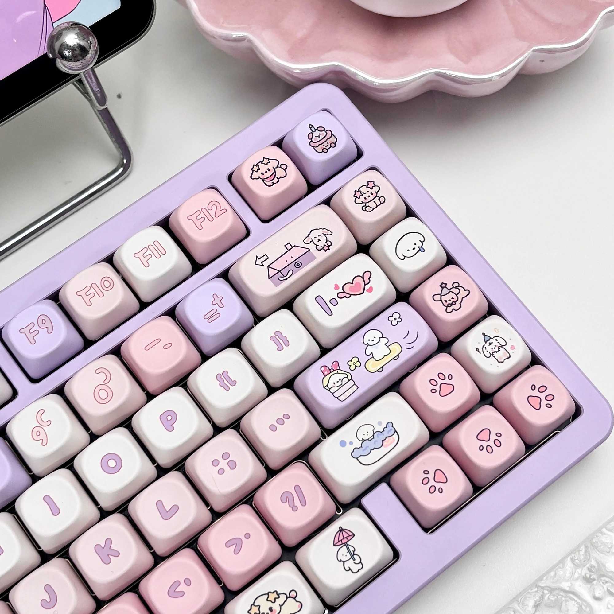 142 Keys Happy Puppy Theme Keyca MOA Profile PBT Thermal Sublimation Cartoon Cute Keycap Pink Purple Mechanical Keyboard Ca R250526