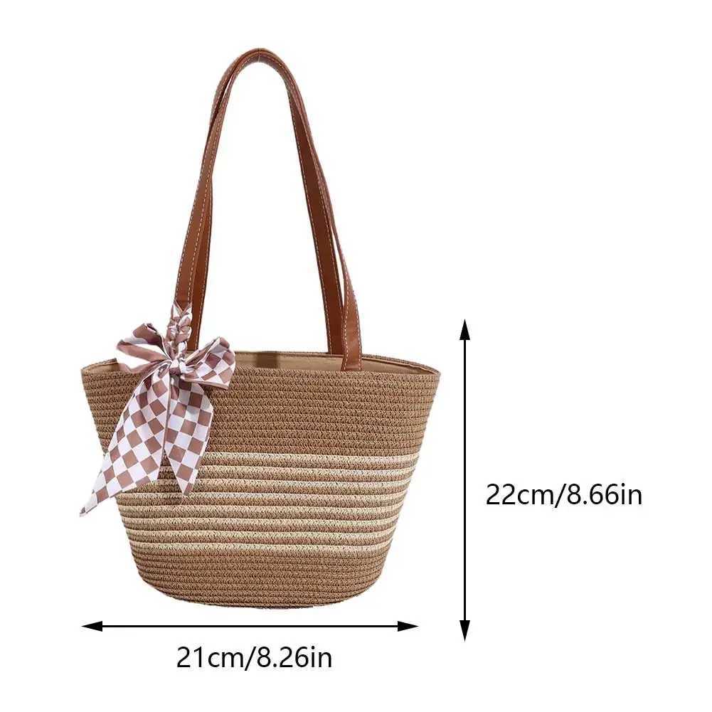 Women Straw Tote Handbag Large Capacity Crochet Beach Handbag Zipper Closure Weaving Striped Handbag Ladies Summer Daily Bag W250524