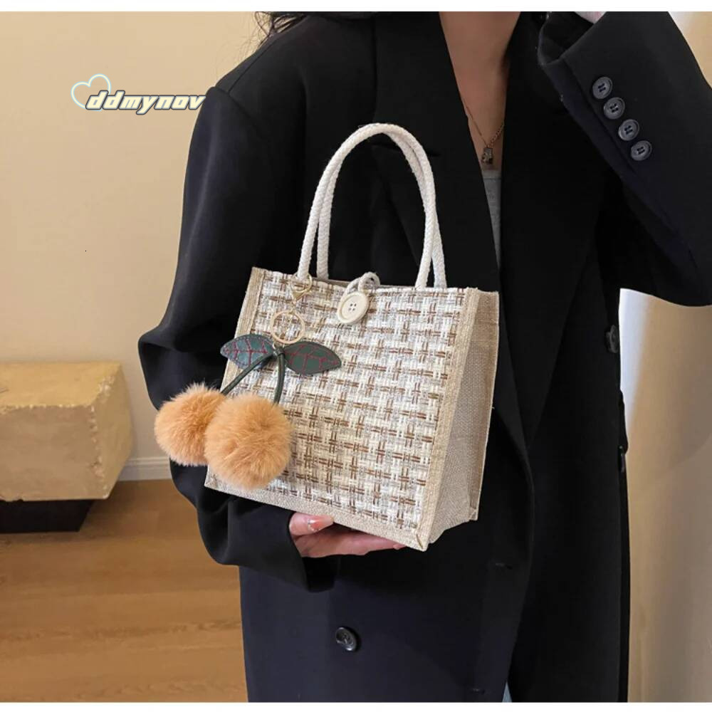 Retro Braided Pattern Jute Tote Large Capacity Grocery Women Handbag Beach Organizer Portable Shopping Lunch Bag ddmynov