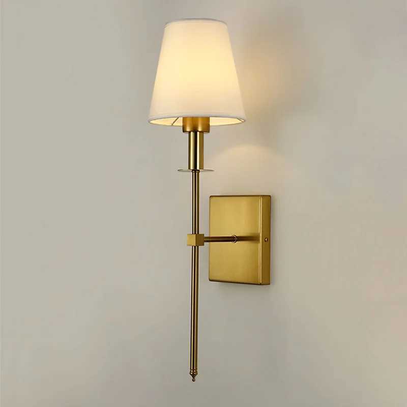 Vintage Black Brass American Style Wall Sconce Hotel room Bedroom Bedside Iron Wall Lamp White Cone Fabric Shade Indoor LightingXJ250526