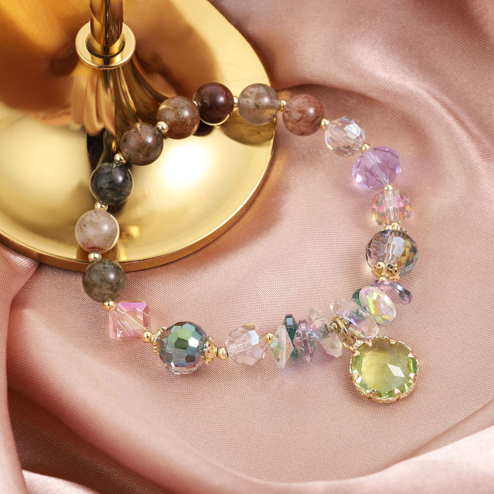 elastic adjustable women's cool style electroplated colorful crystal tourmaline pendant decorative temperament bracelet