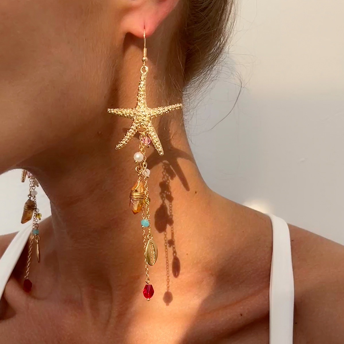 European and American Cross border Ocean themed Ins style Metal Starfish and Jellyfish Studs with Bohemian Imitation Pearl and Crystal Tassel Earrings