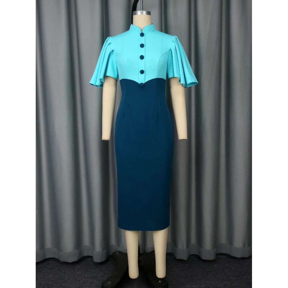 Blue Color Block Sheath Dresses for Women Stand Collar Ruffles Sleeves Button Up High Waist Fashion Party Office Ladies Vestidos