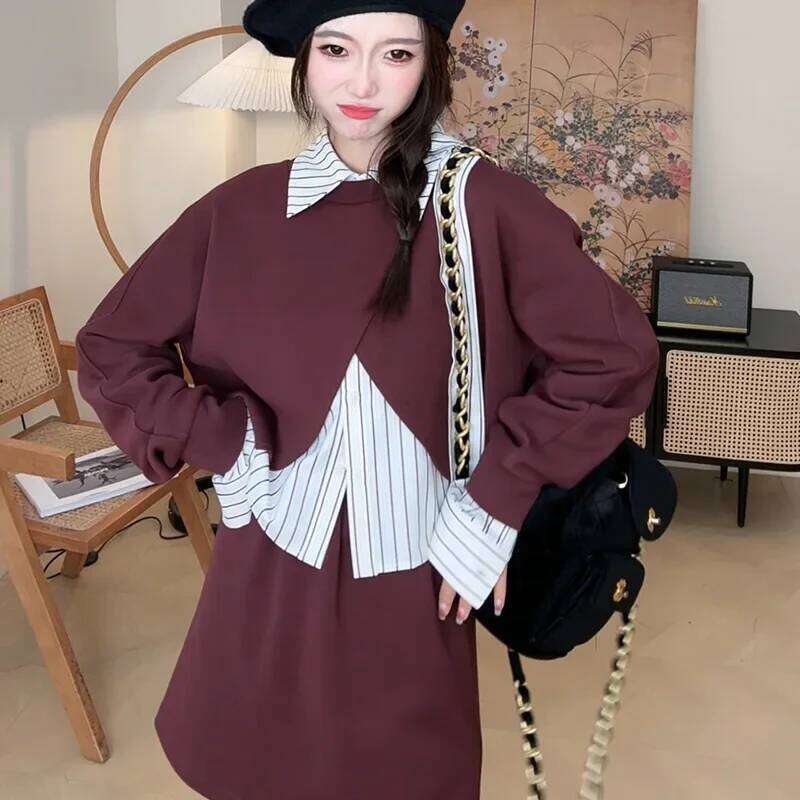 London Nightgown Women's Niche Design Sense Wine Red Sweatshirt Anti-Aging Girl Two-Piece Set Autumn Season