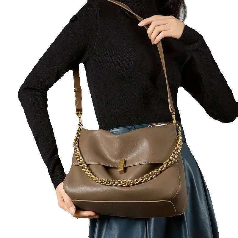 Designer Luxury Designer Luxury Women Large Korean Cow Flap Shoulder Chain Bag Solid Genuine Leather Female Crossbody Handbag Messenger