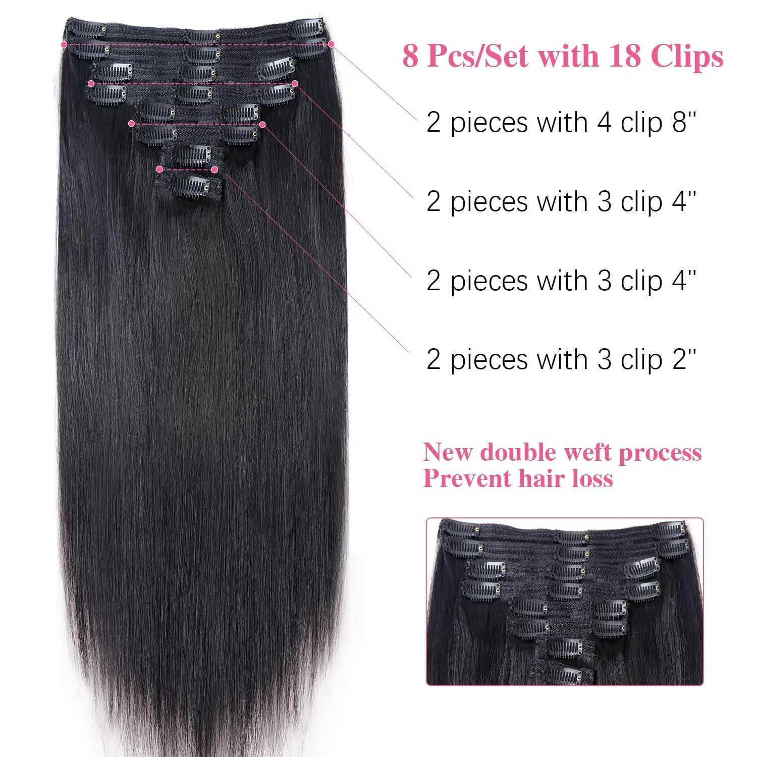120G/8 Pieces Clip In Hair Extensions Human Hair Brazilian Straight Virgin 100% Human Hair Natural Black Color Clip In Remy Hair S25526