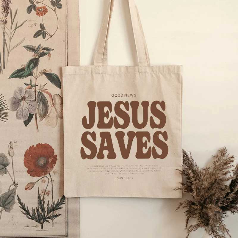 Good News Jesus Saves Pattern Canvas Shoulder Tote Bag Casual Shopping Tote Christ Religion Christian Faith Shopper Handbag W250524
