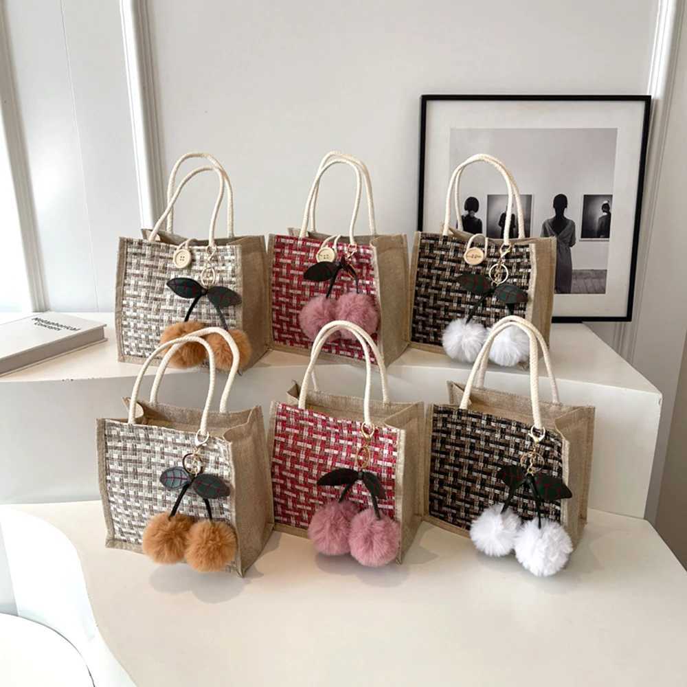 Retro Braided Pattern Jute Tote Bag Large Capacity Grocery Bag Women Handbag Beach Organizer Portable Shopping Bag Lunch Bag W250524