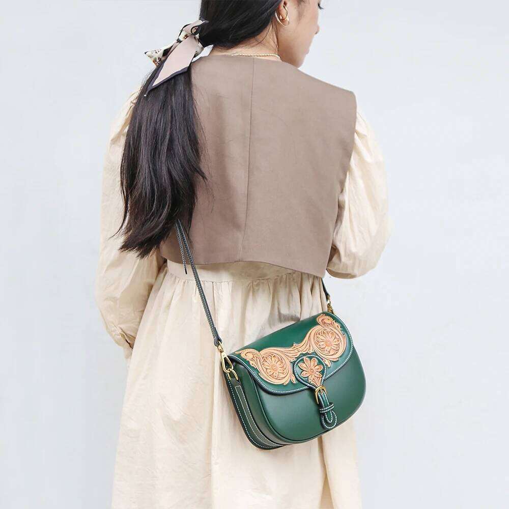 Designer Bag Genuine Handmade Leather Carving Single Shoulder Women S Ethnic Style New Crossbody Saddle Bag