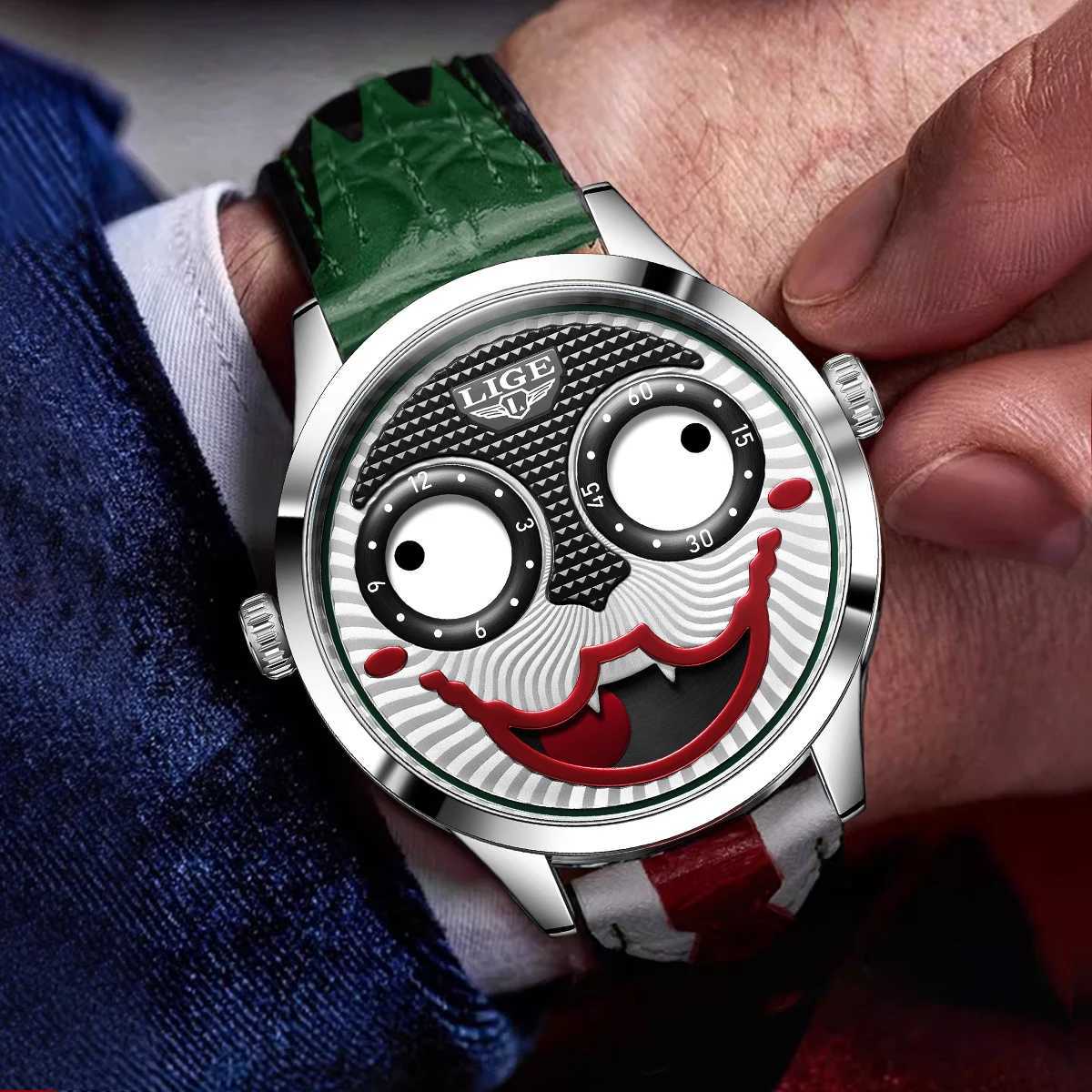 LIGE Cool Joker Watch Men Classic Mens Clown Watches Fashion Leather Strap Waterproof Quartz Wristwatches For Men Reloj Hombre M250526