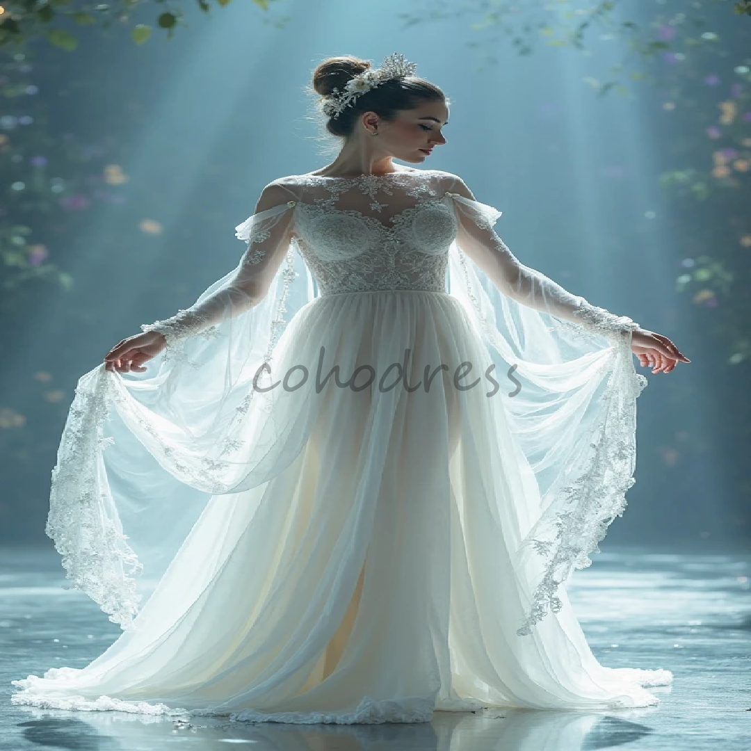 Fairy Bohemian Wedding Dress 2025 Lace Enchanting Boho Bride Dress Chiffon Vestidos De Novia Long Sleeve Bridal Dress O Neck Country Robe De Mariage G