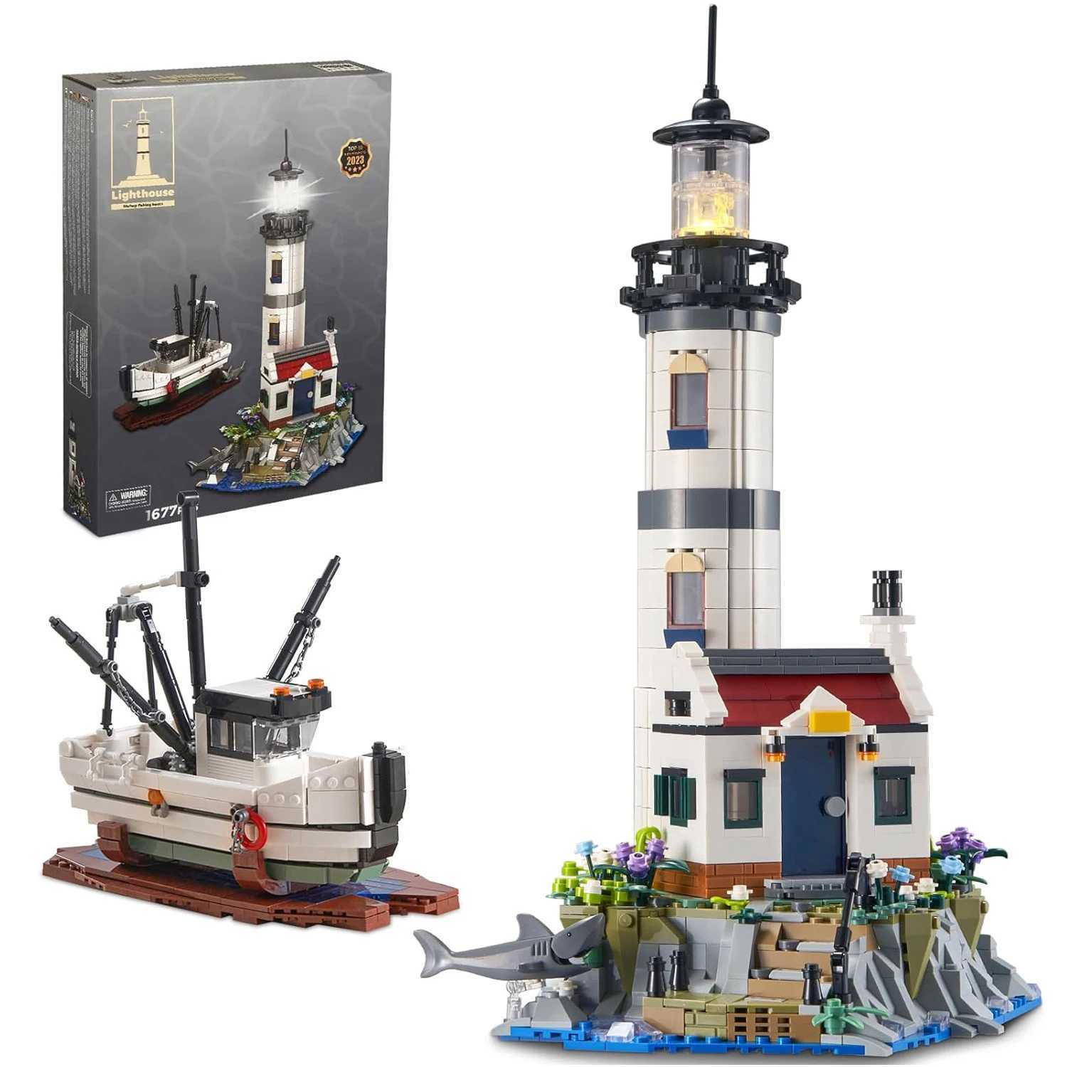 1677PCS Electric Lighthouse Building Blocks Fisherman Rescue Boats Lighthouse Model Bricks With Light Kids Toys Christmas Gifts M250526