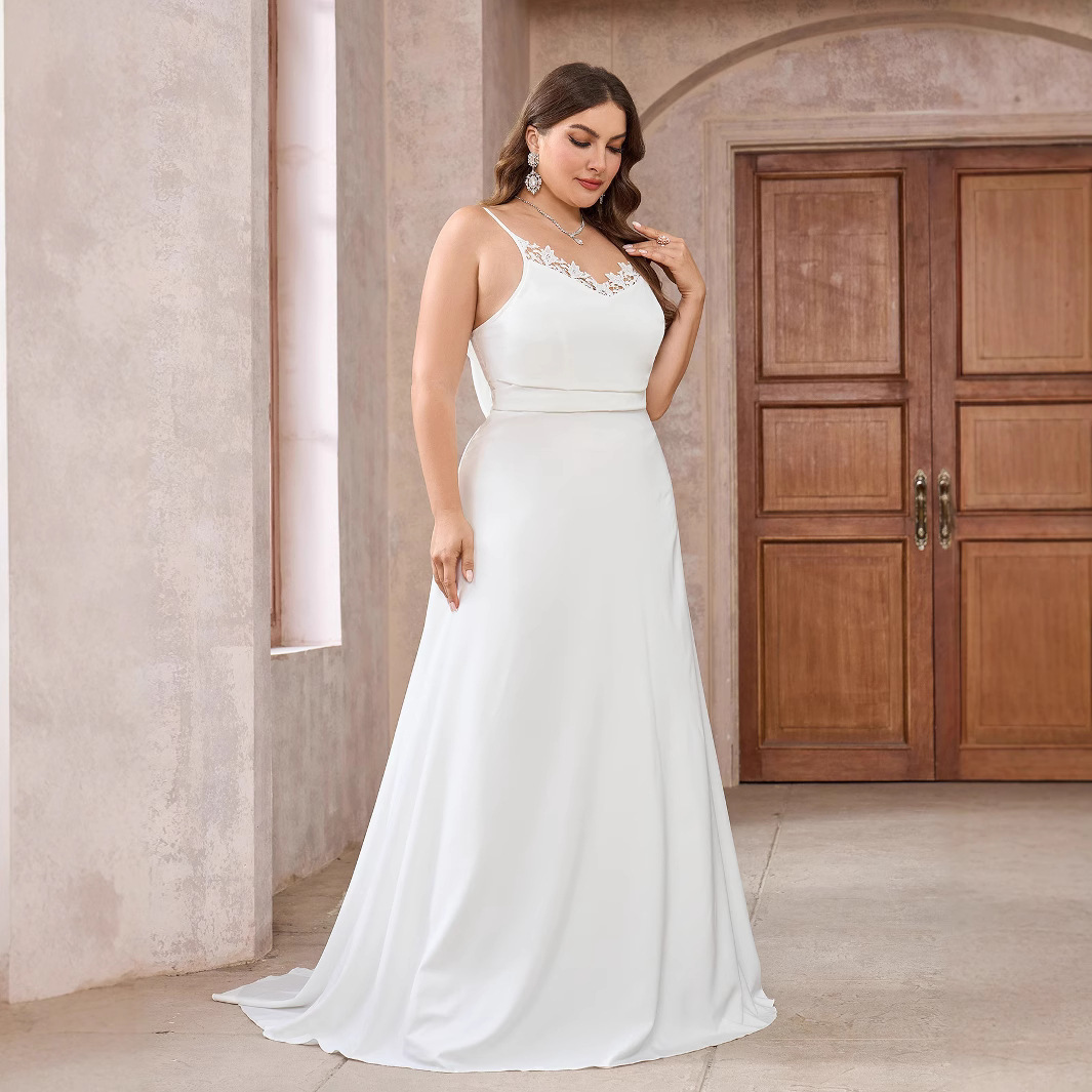 Simple satin lace camisole bow long floor length wedding dress