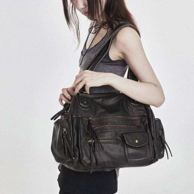 Women's Bags Designer Women's Fashion Retro Y2k Hot Girl Motorcycle Large Capacity Washed Distressed Shoulder Messenger Bag