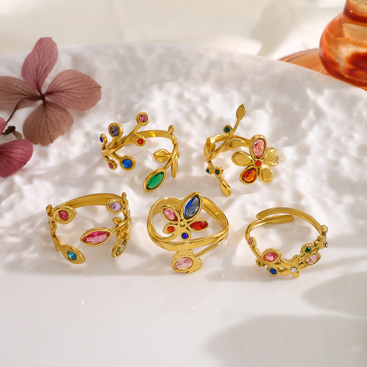 Spring/Summer New Rainbow Zircon Leaf Ring for Women 18K Gold Steel Open End Ring French Handmade