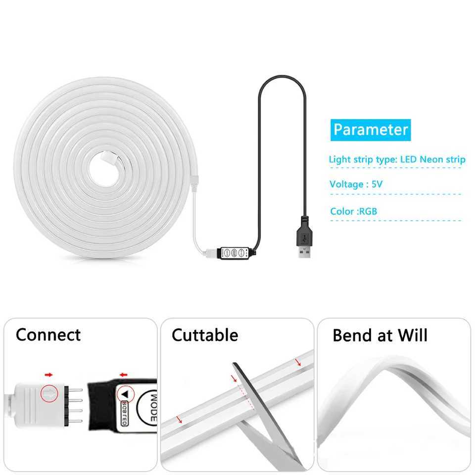 5V RGB neon strip LED flexible silicone waterproof neon control mini 3 key remote control suitable for indoor and outdoor W250526