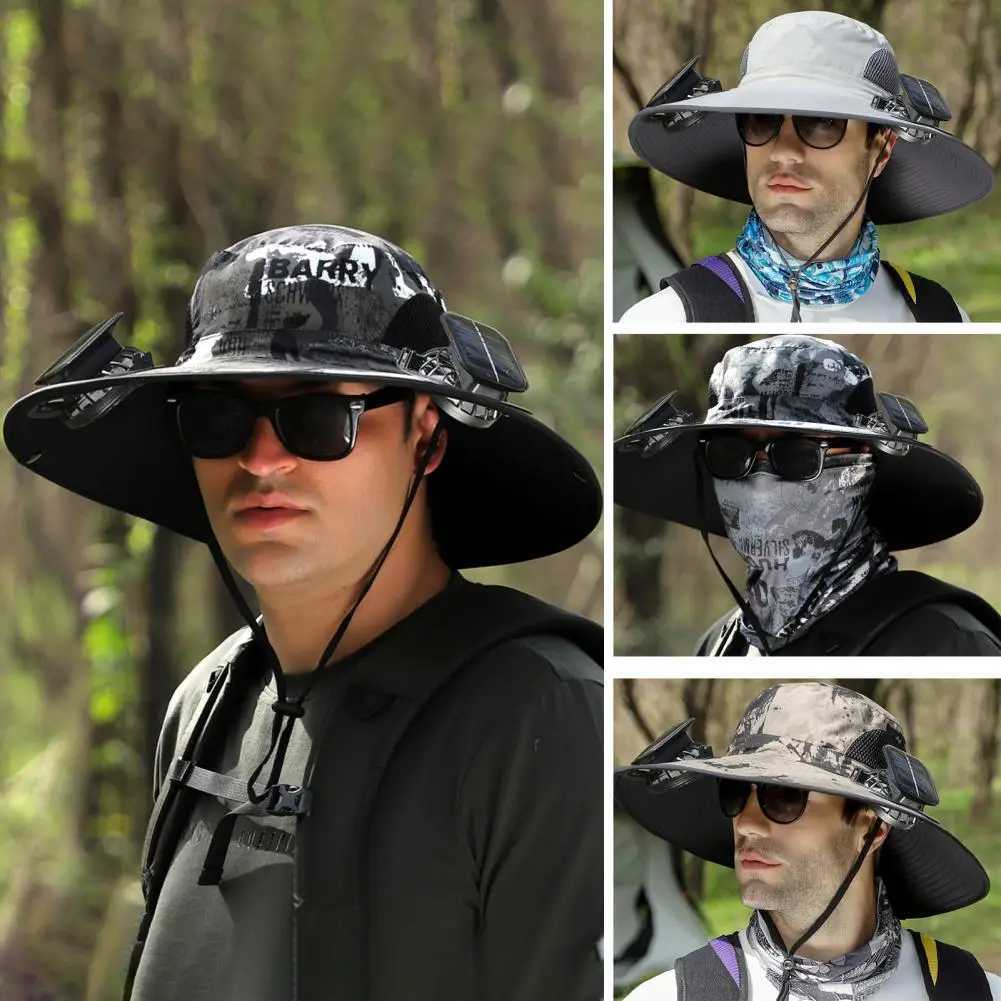 1 Set Outdoor Sun Hat With 2 Fan Large Brim Windproof Strap Solar Or USB Charging Anti UV Sun Outdoor Fishing Cap z25052649F8