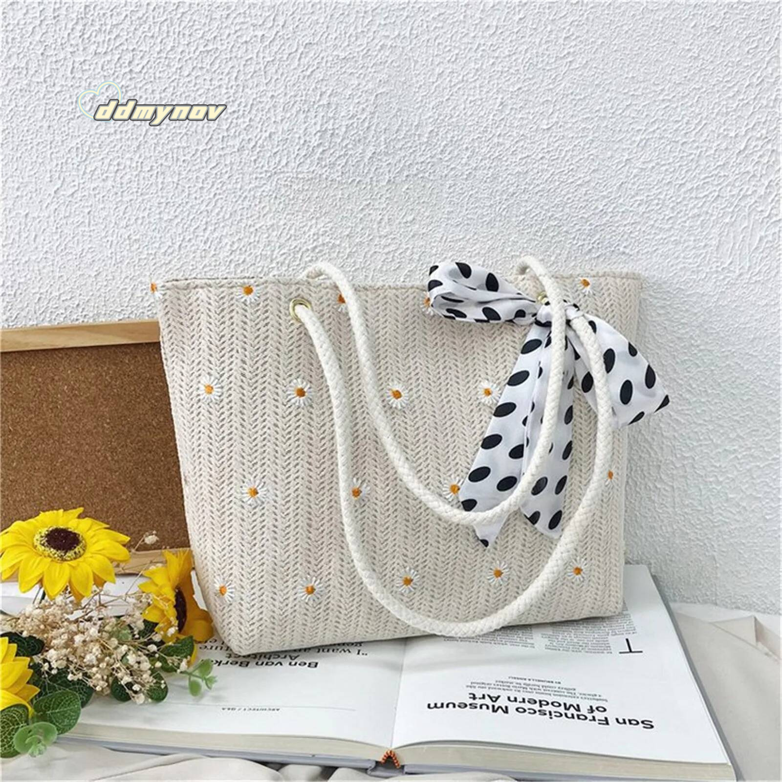 Straw Braided Silk Scarf One-shoulder Handbag Ladies Solid Large-capacity Fashion Simple Handbags Summer Travel Beach Bag ddmynov