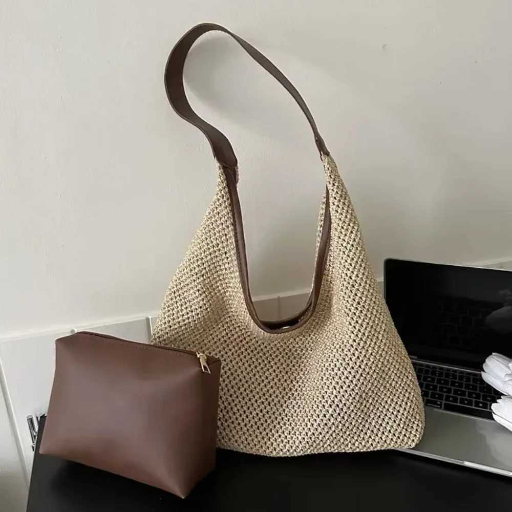 Travel Beach Straw Bag Rattan Woven Handmade Knitted Summer Beach Bag Straw Large Capacity Women Shoulder Bags Handbag Shopper W250524
