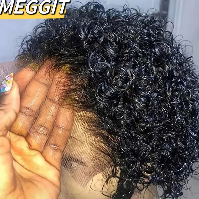 Meggit Pixie Cut T99J/1B/T350 13X4 Lace Spring Curl Short Bob Human Hair for Women Natural Black Color Wig